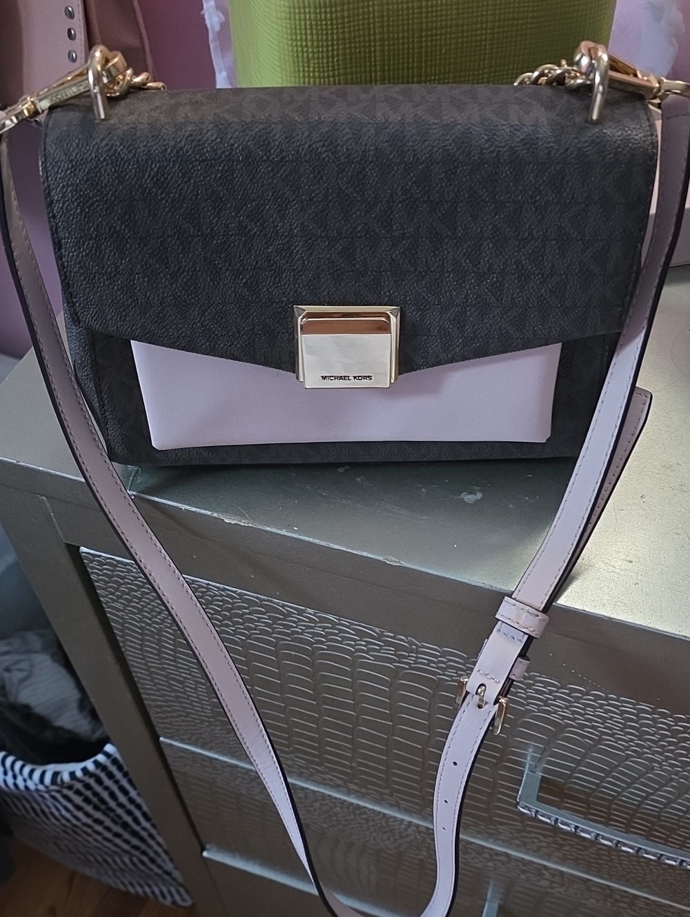 Michael Kors Dark Brown and Light Pink Crossbody Bag with Gold Hardware